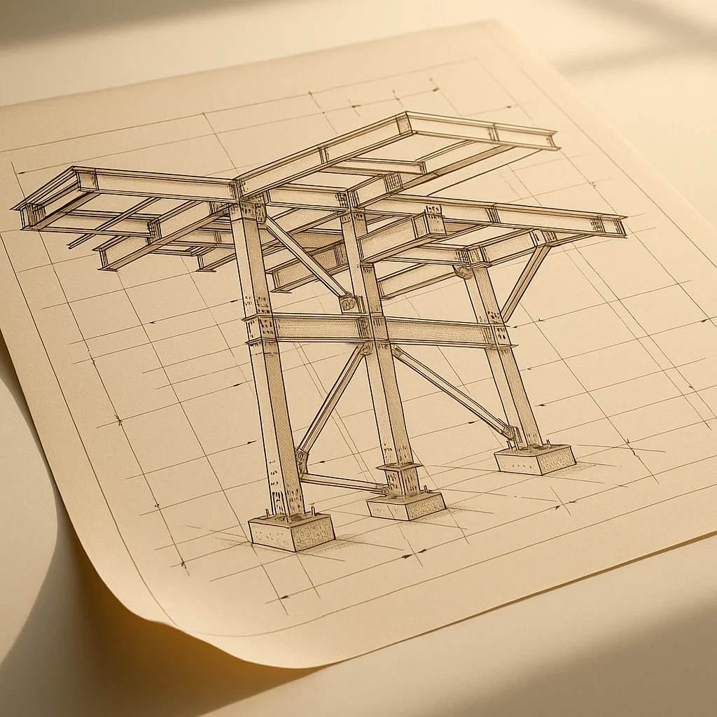 Architectural blueprint showcasing complex cantilevered steel structure