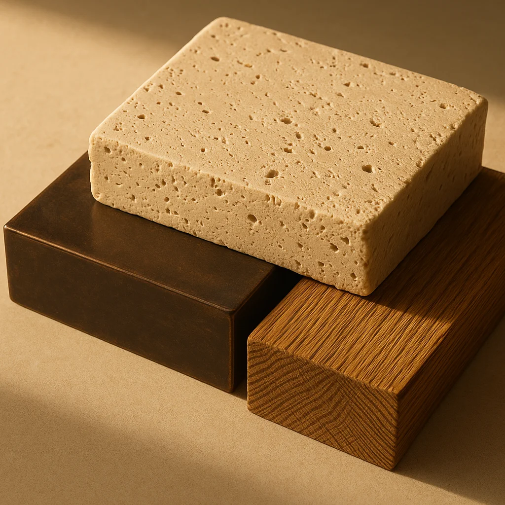 High-end construction materials: travertine, burnished steel, and raw oak
