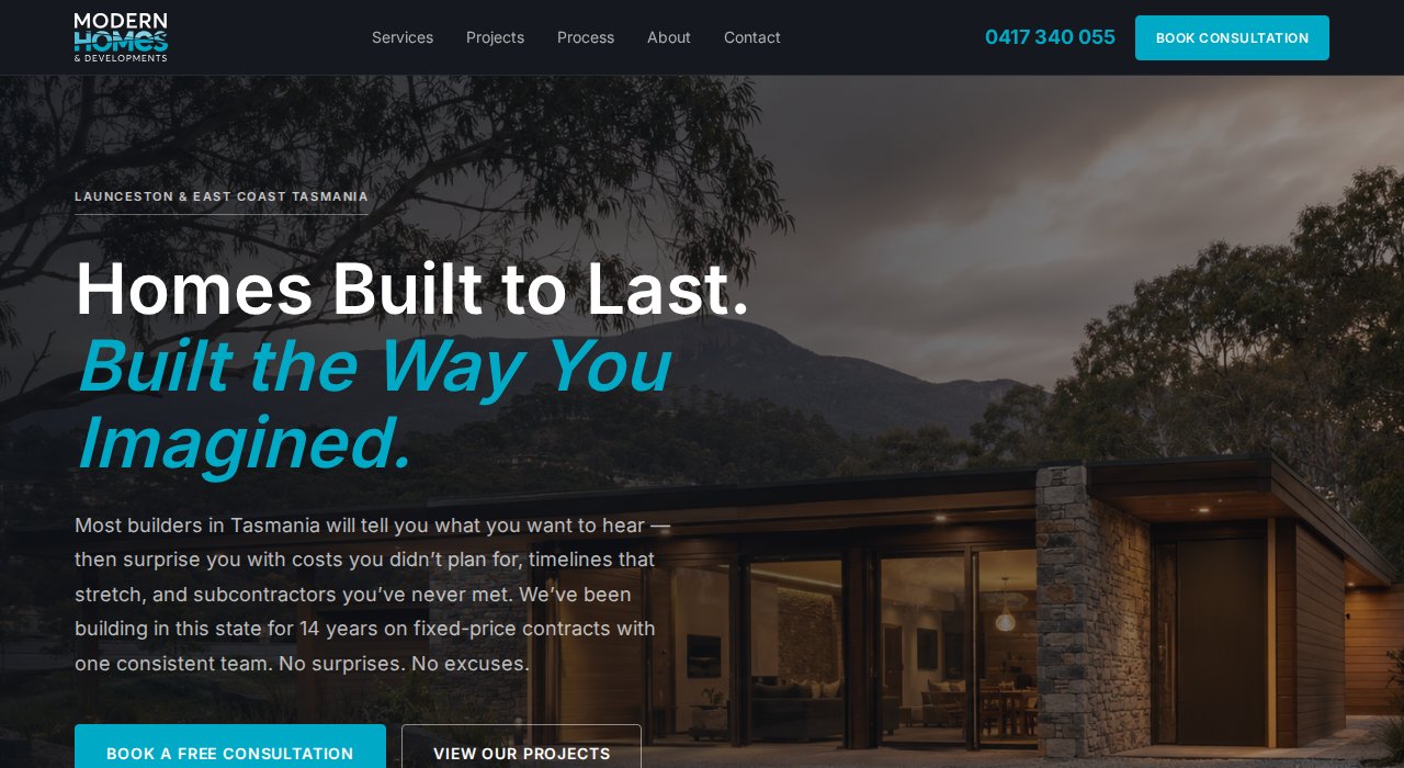 Rebuilt Modern Homes Tasmania website — after TradesPro